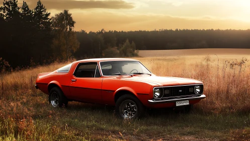 Vintage orange muscle car rests in golden rural meadow at dusk