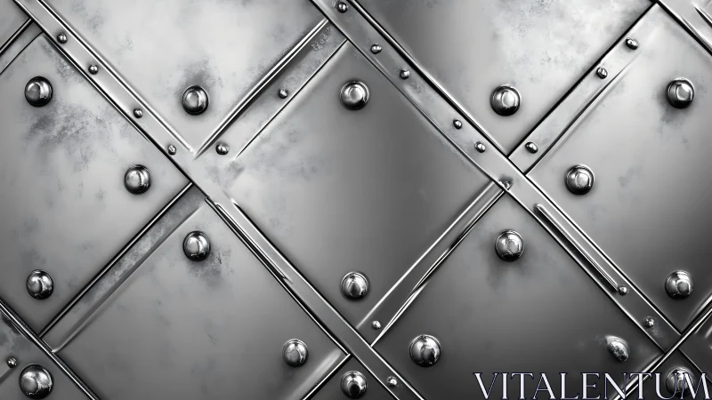 Polished metallic plates with rivets in geometric industrial pattern.