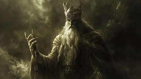 Ancient shadow king rises within swirling golden fog.