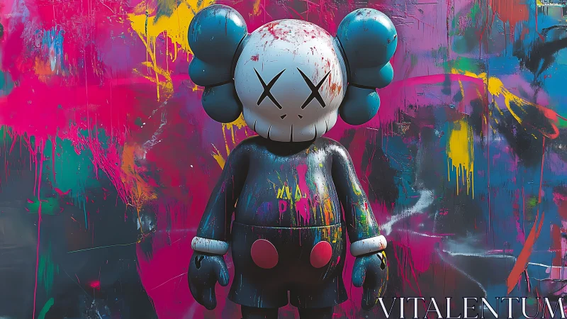 Graffiti-splattered cartoon figure against vivid mural wall.