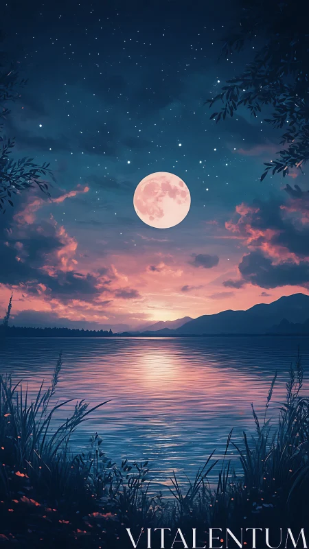 Full moon over still lake with distant mountains at dusk.