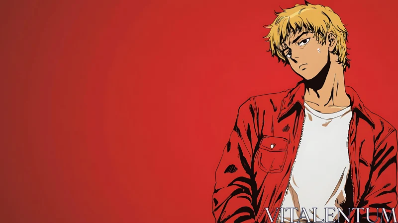 Blond anime boy leaning in red jacket on red backdrop.