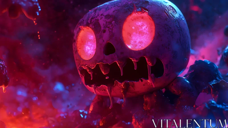 Lurid molten pumpkin skull in neon magenta and cyan fog.