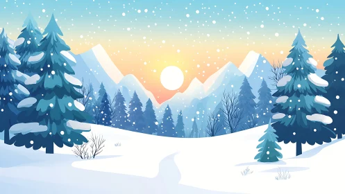 Stylized alpine conifer forest under snowfall at pastel sunrise