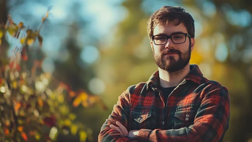 Autumn portrait of bearded subject in shallow depth-of-field focus.