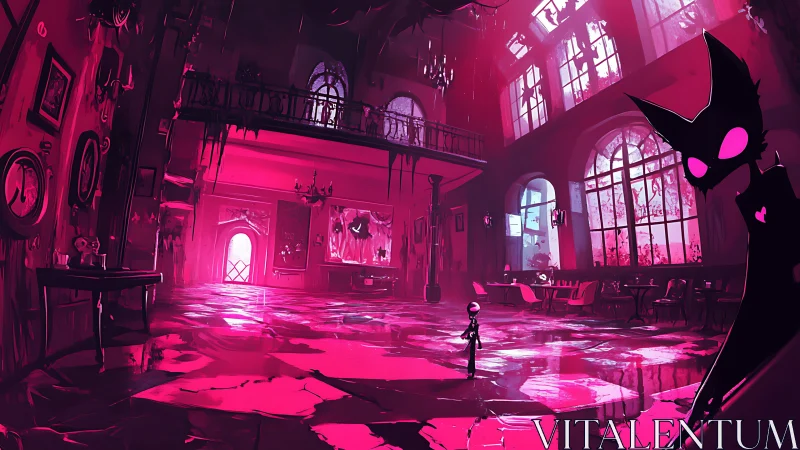 Neon pink haunted hall with lone figure and shadow cat.