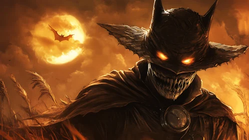Scarecrow demon stalks harvest fields beneath burning moon.