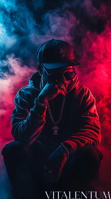 Moody hip-hop portrait in neon red and blue haze lighting.