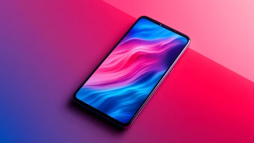 Modern smartphone with vibrant abstract display on colorful gradient background.