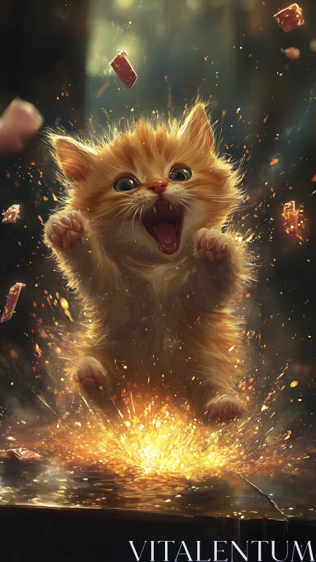 Explosive orange kitten with dynamic energy particles