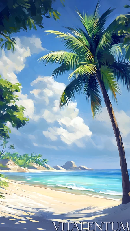 Tropical Coastal Seascape with Towering Palm Tree Under Clear Blue Sky
