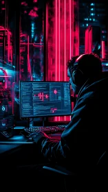 Late night coder wrapped in neon city glow at work.
