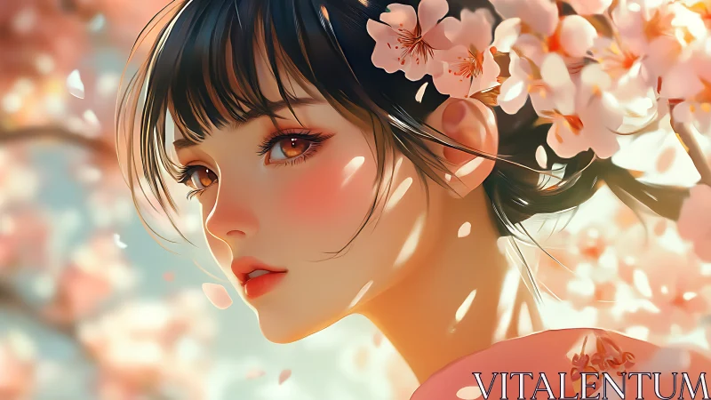 Soft-focus anime portrait integrates cherry blossoms and rim light