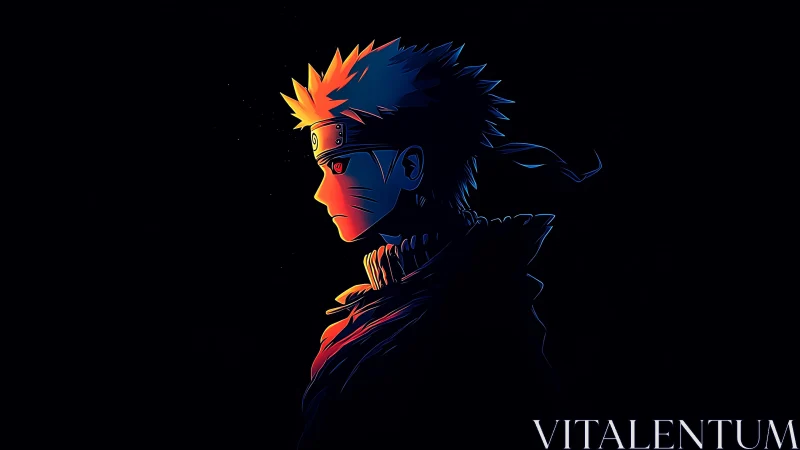 Bicolor rim-lit ninja profile in high-contrast anime silhouette.