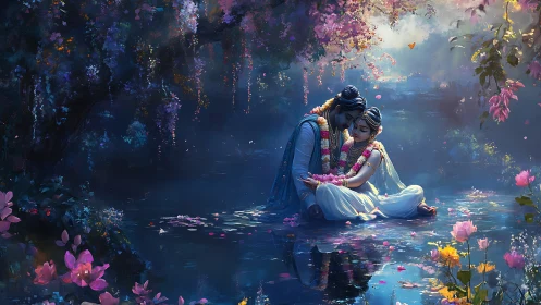 Digitally rendered scene depicts two figures in flowering environment.