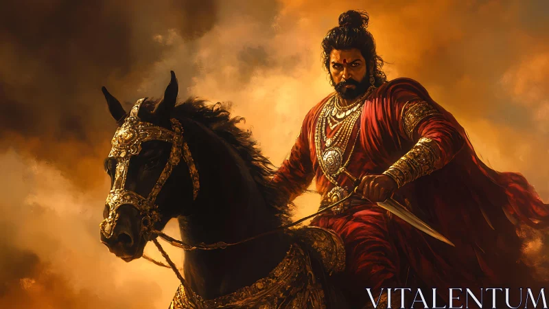 Warrior in red armor rides black horse through smoky light