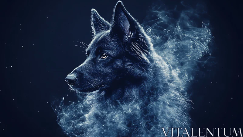 Spectral blue canine portrait with luminous smoke diffusion