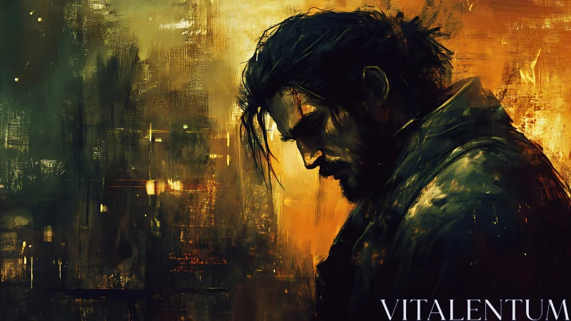 Brooding wanderer haloed in ember-stained twilight sorrow.