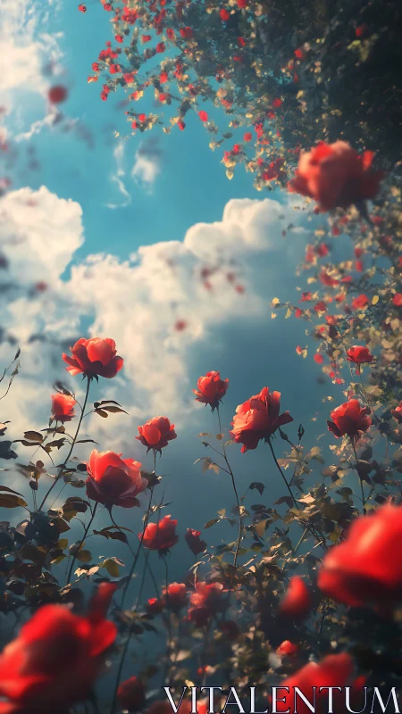 Red roses float against blue sky with white clouds and dispersing petals