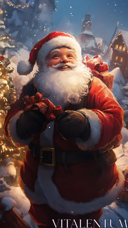 Santa Claus holding gifts in a snowy village scene.