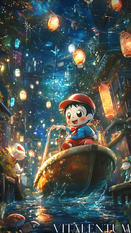 Child rows small boat through glowing lantern canal at night