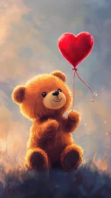 Small teddy ambassador lifts a glowing heart balloon skyward