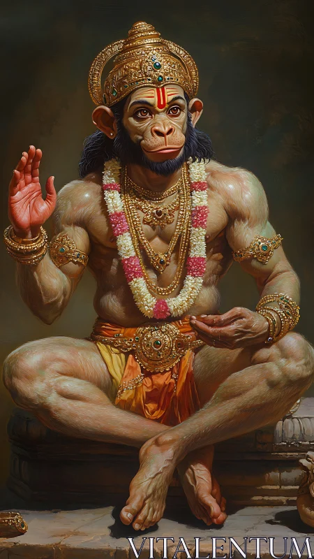 Regal simian deity basking in jeweled serenity and grace.