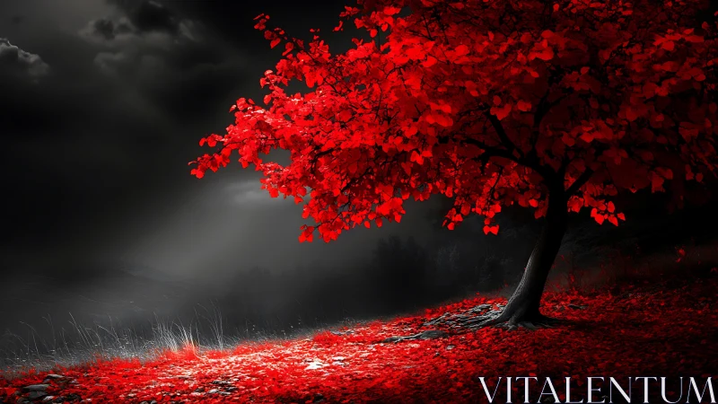 Chromatically isolated scarlet tree in desaturated stormscape.