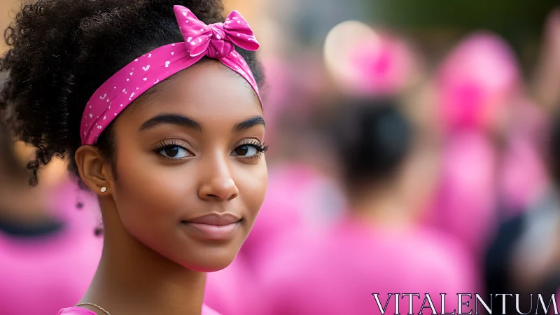 Young Woman Wearing Pink Headband at Outdoor Awareness Event.