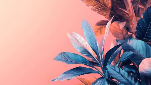Dreamy tropical leaves in soft coral and cool teal glow.