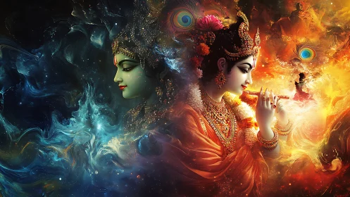 Two divine figures contrasted in blue shadow and fiery light