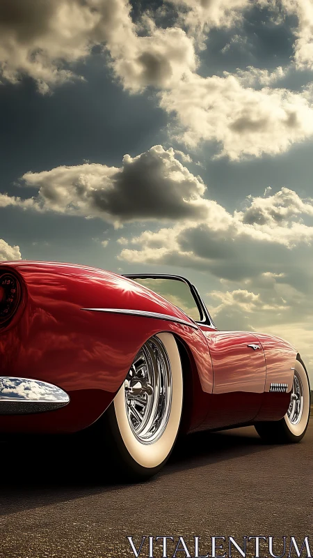 Red classic convertible parked on road under cloudy sky