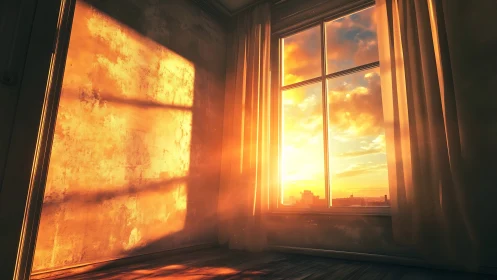 Golden sunrise pouring softly through a quiet city window.