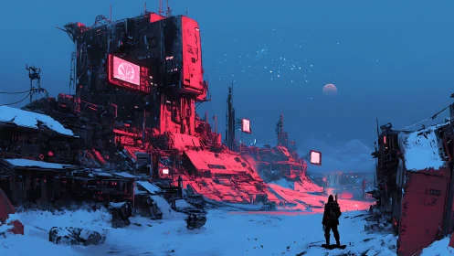 Snow-covered industrial complex emits red light at twilight