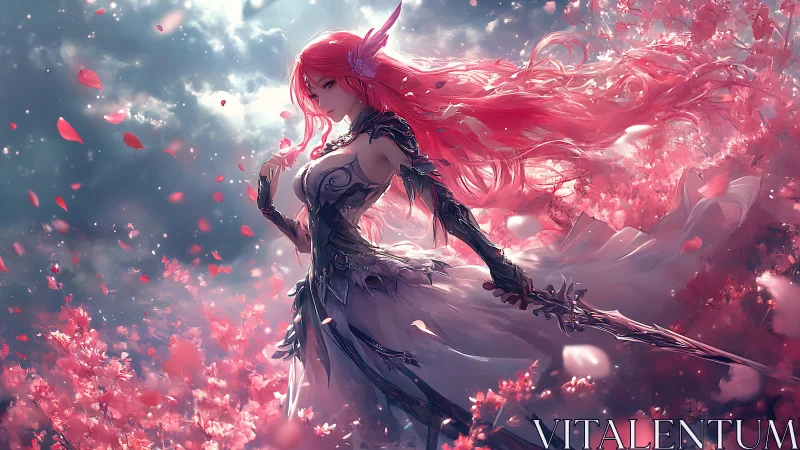 Crimson haired battle-mage amid dynamic sakura particle field.