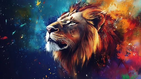 Digital lion portrait with vivid bokeh splatter background.