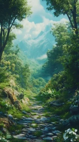 Mountain Valley Stream Through Verdant Forest Canopy.
