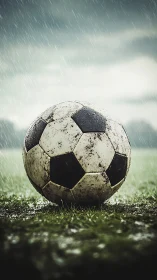 Weathered soccer ball on wet grass under dynamic rain.