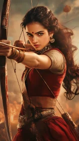 Female archer in traditional attire drawing bowstring.