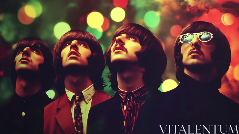 Retro quartet portrait under vibrant bokeh lights.