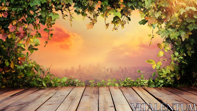Wooden terrace framed by ivy with distant city skyline.