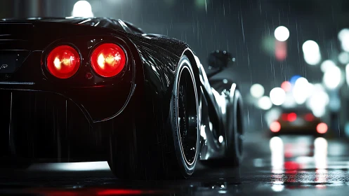 Photoreal rear supercar study in nocturnal rain glossing.