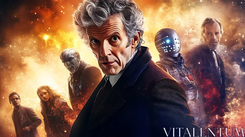 Grey-haired man leads colorful sci-fi ensemble in flames