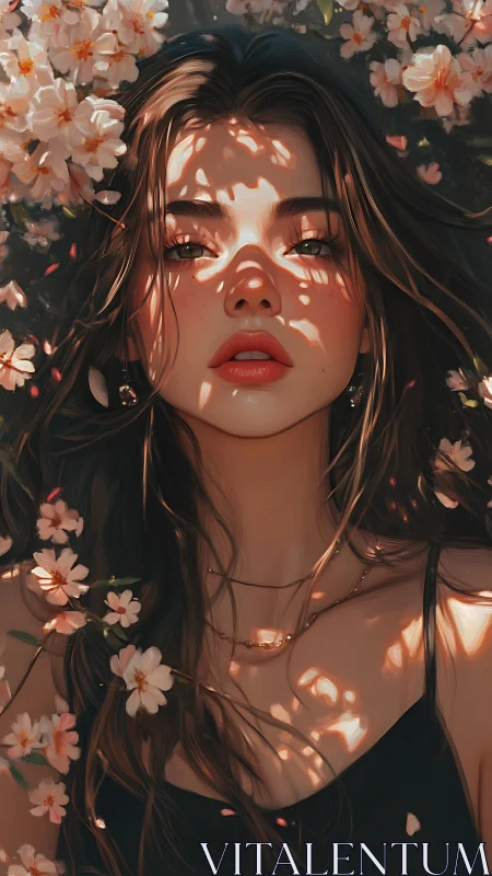 Young woman under dappled light with surrounding blossoms.