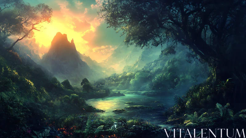 Mystical Valley Dawn: Mountain Cathedral Bathed in Golden Celestial Light