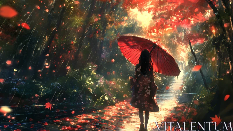 Backlit kimono figure under vermilion umbrella in rainfall.