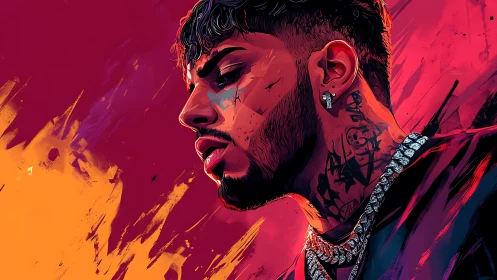 Neon-lit portrait of tattooed singer in molten color storm.