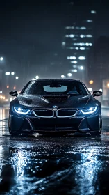 Midnight raindrops crown the electric predator of city streets