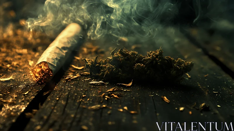 Moody wooden tabletop with curling smoke and herbs.