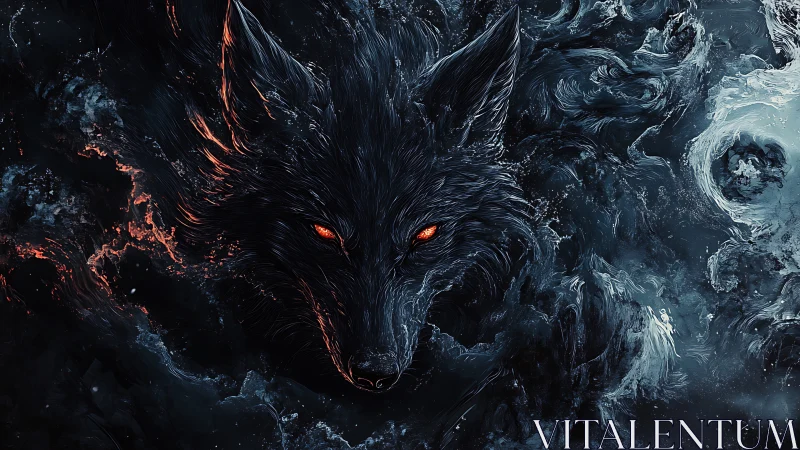 Dark spectral wolf with glowing eyes in swirling smoke.